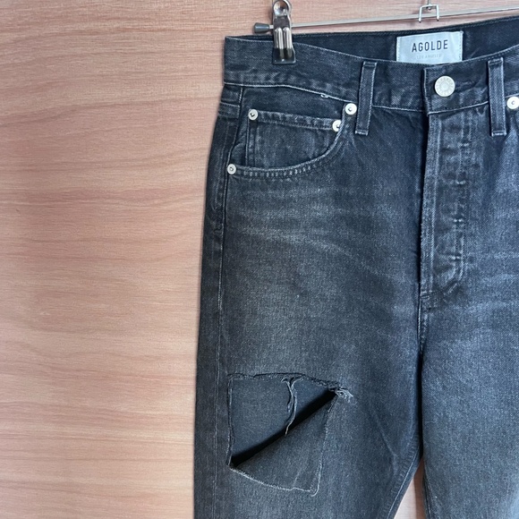 AGOLDE women's button fly jeans 24 bootcut raw hem distressed denim black cotton - Picture 2 of 8